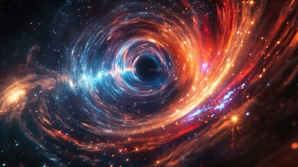 Obraz premium Abstract swirling nebula with a black hole at its center, surrounded by bright, colorful lights. A cosmic backdrop for science fiction or fantasy themes.