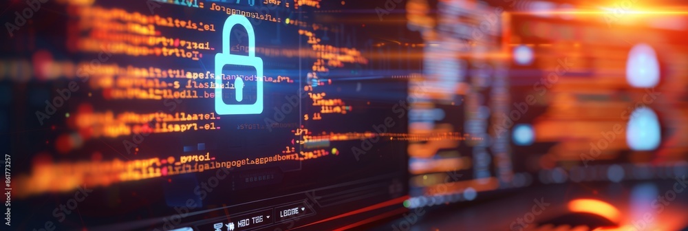 Poster a close-up of a computer monitor displaying code, with a prominent padlock symbol highlighting secur