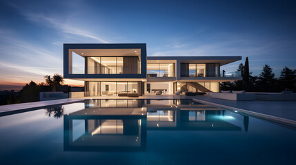 Fototapeta premium Luxury House with Pool at Dusk