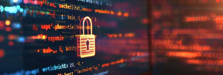 A close-up image of a computer monitor displaying secure software development code with a prominent padlock symbol, representing secure coding practices