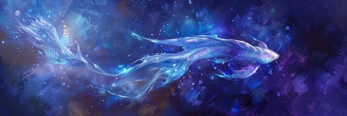 A luminous Pisces zodiac sign, rendered in watercolor, glows against a backdrop of vibrant blues