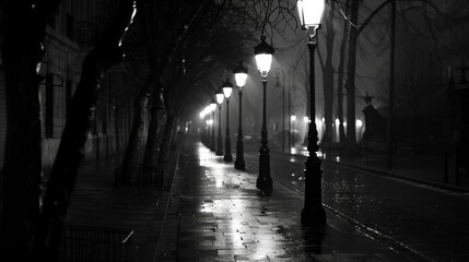 Fototapeta premium As night falls the old street lamps come to life illuminating the otherwise dark and desolate street. Black and white art