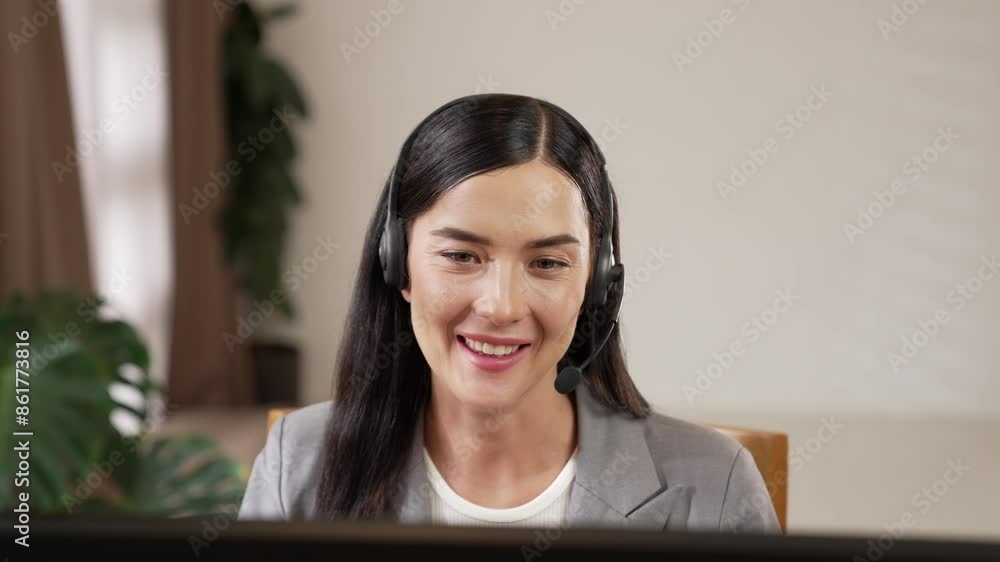 Aufkleber female call center operator or customer service helpdesk staff working on workspace while talking on