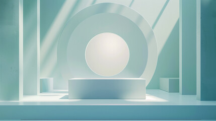 Fototapeta premium Minimalist stage design with a light blue and white color scheme. An empty product display stand is in the center of the picture with a circular window on top.