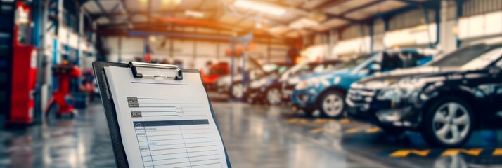 A close-up photo of a clipboard with a car insurance checklist placed on top in an auto repair shop. The background is blurred, showing several cars in various states of repair