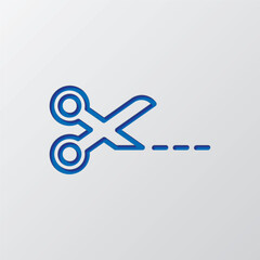 Scissors and cut line simple icon vector. Flat design. Paper cut design. Cutted blue symbol with shadow. Gray background
