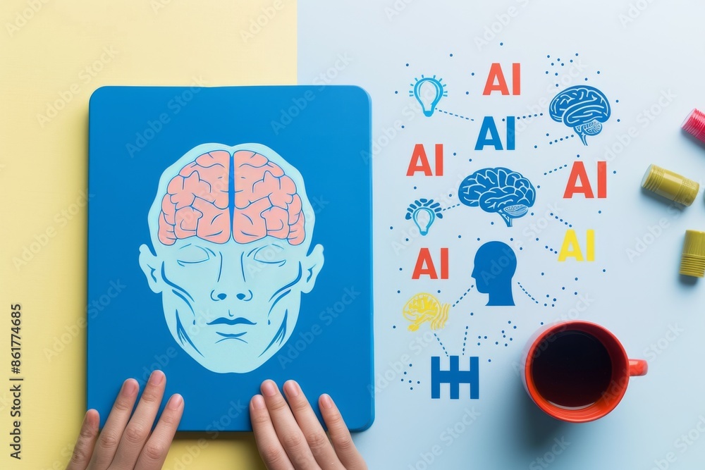 Poster hands holding ai poster with colorful background representing artificial intelligence and creative t