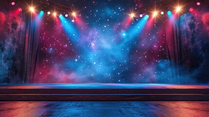 An empty stage lit by spotlights with stars and smoke