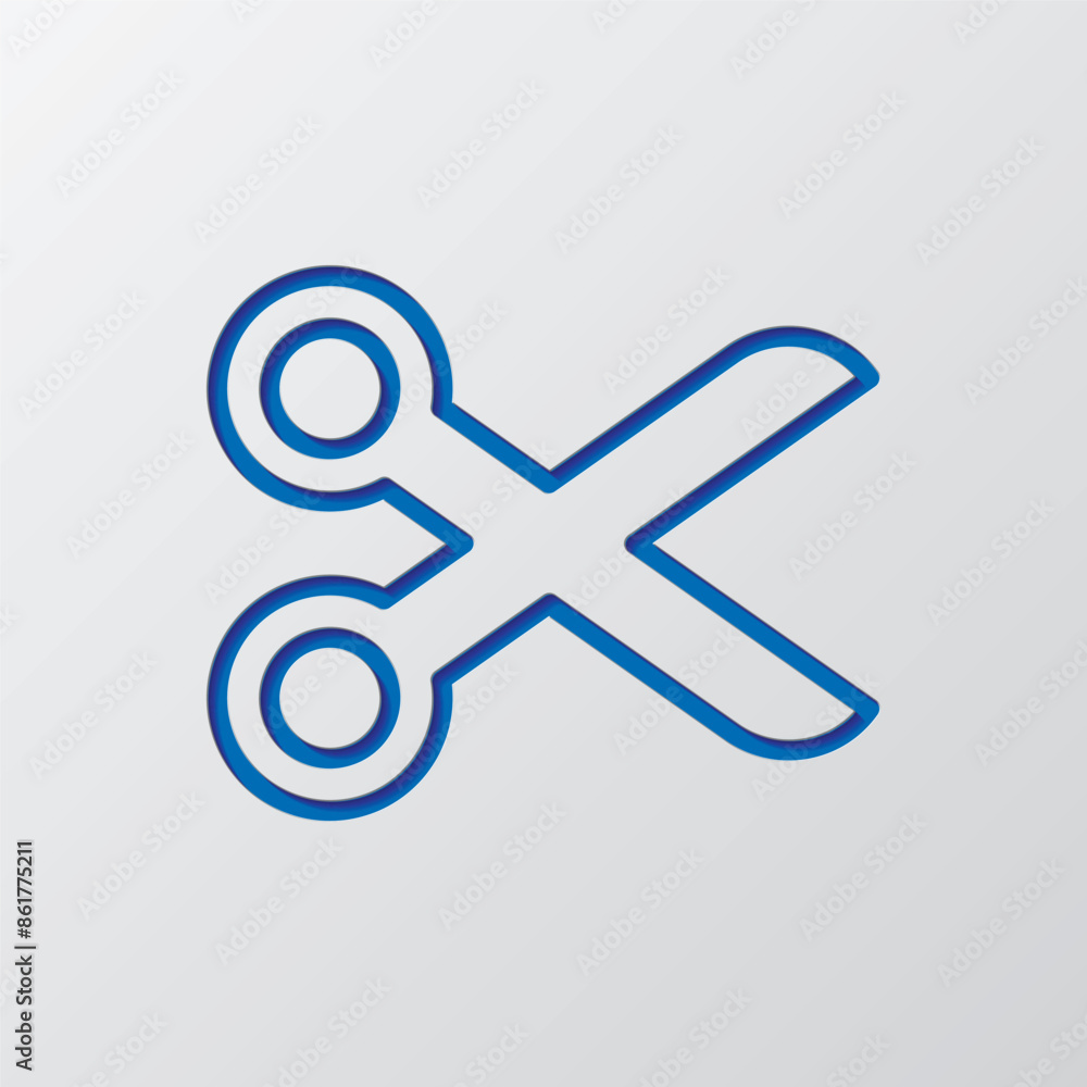 Poster scissors simple icon vector. flat design. paper cut design. cutted blue symbol with shadow. gray bac