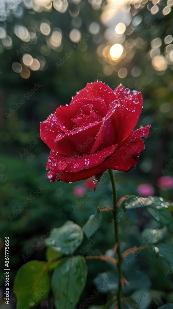 Poster A red rose with water droplets on it