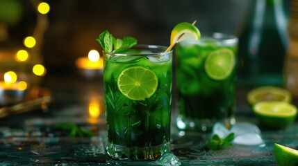 horizontal banner, celebration of Pakistan Independence Day, national Pakistani drinks, non-alcoholic cocktail with lime and mint