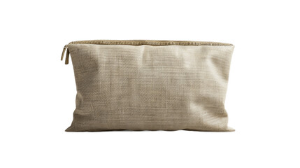 A 3D illustration of a blank pouch for cosmetics mockup is shown on an isolated white background This template represents an empty linen beautician bag with a zip