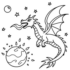 Dragon in space outline for coloring book