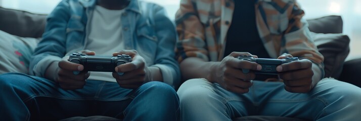 Two individuals are seated on a couch, intensely focused on playing a video game, each holding a game controller in a cozy living room setting.