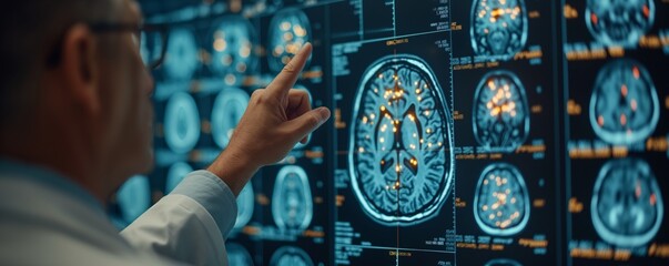 A doctor wearing a white lab coat is analyzing detailed brain scans on a large digital display panel, highlighting specific areas of the brain for in-depth medical study and research.