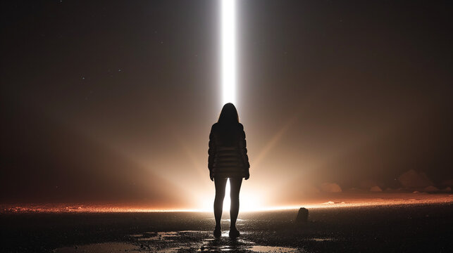 In a science fiction scene, a woman stands on wet ground, facing a towering pillar of light ascending into the heavens.
