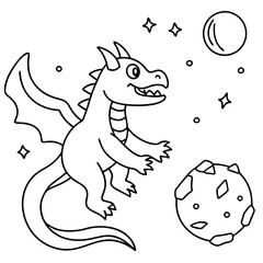 Dragon in space outline for coloring book