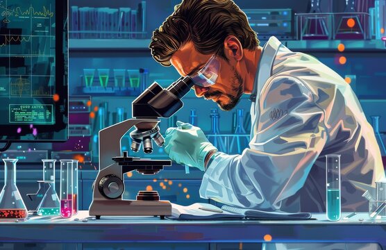 The scientist is carrying out research in a laboratory using a microscope for analysis and study