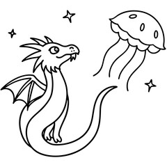 Dragon in space outline for coloring book
