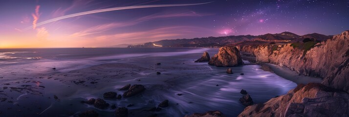 A nighttime long exposure photograph captures a comets trail passing over steep coastal cliffs,...