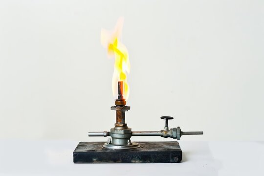 A Bunsen burner with an adjustable flame and a sturdy base isolated on a white background