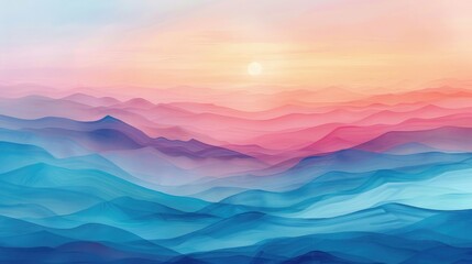 Abstract watercolor painting of a colorful mountain range at sunset.