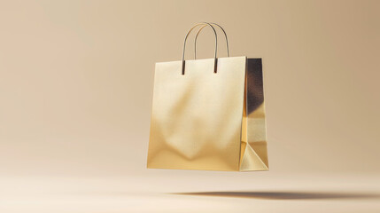 Mockup metallic gold shopping bag is floating in the air, shopping promotion concept background