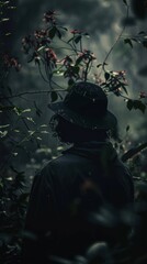 A person wearing a hat standing in a forest