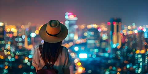 Fototapeta premium A solo female traveler in a hat admires a night cityscape. Concept Travel, Night Cityscape, Solo Female, Hat, Adventure