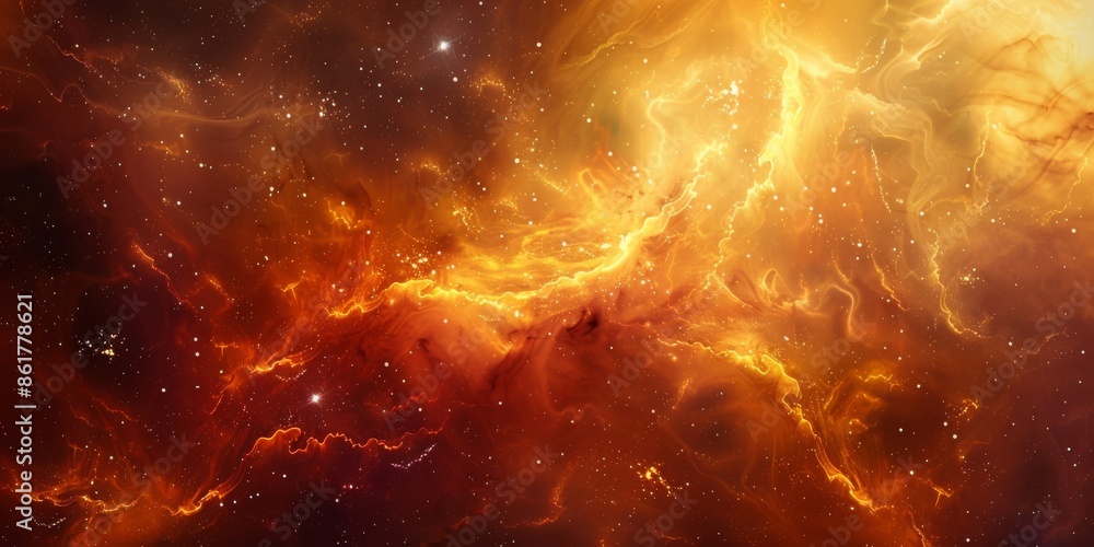 Poster high resolution image of a fiery nebula showcasing colorful interstellar clouds and cosmic phenomena