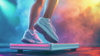 A person using a step platform for aerobics, gym, cardio, hd, rhythmic with copy space