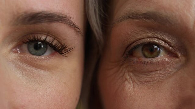 Close-up of a woman's eyes, emphasizing the wrinkles that appear with age. The main focus is on the delicate skin around the eyes, which allows you to capture the natural aging process