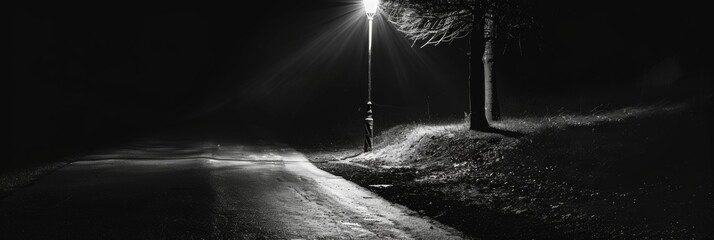 A streetlamp casting shadows and reflections on a deserted street at night. Black and white art