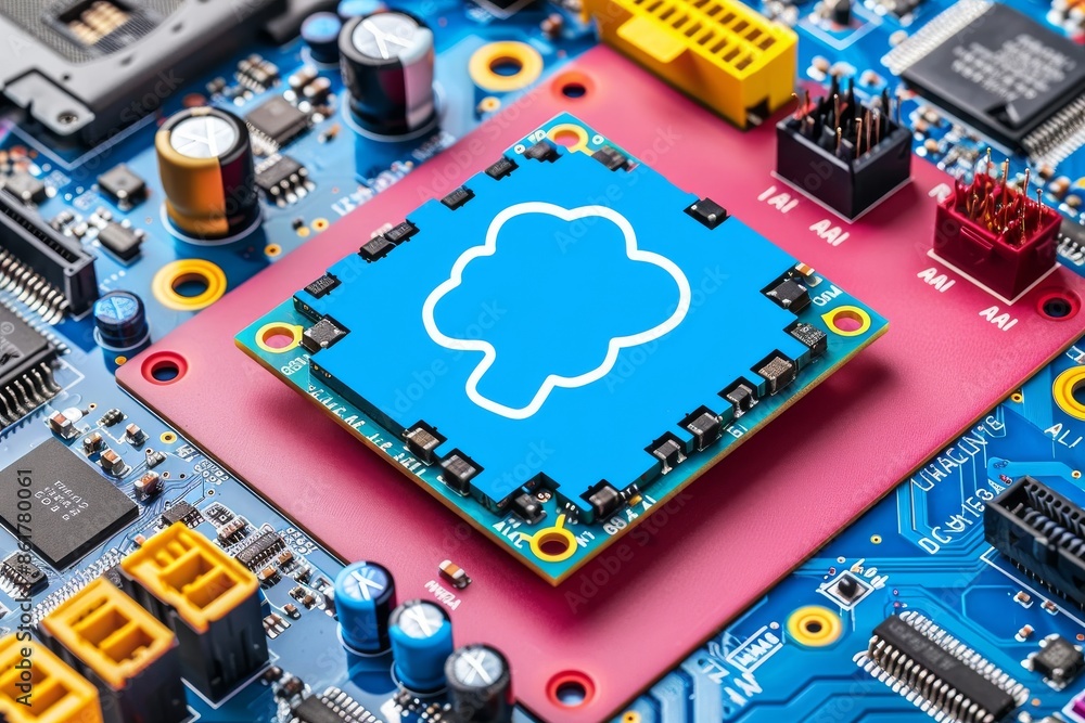 Poster ai circuit board with blue chip representing advanced technology and artificial intelligence in elec