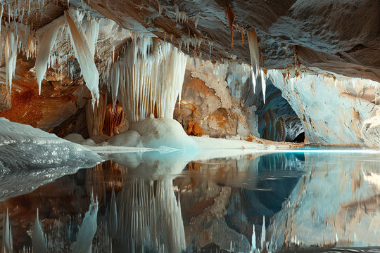 Generative ai on theme of a large beautiful sharp stalactites hanging down from deep mountain cave