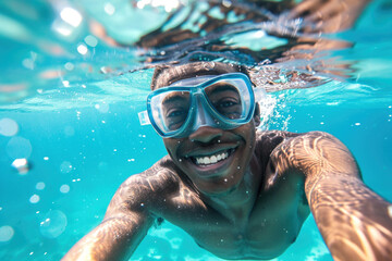 Naklejka premium African-American man underwater wearing goggles takes a selfie while snorkeling in clear water. Travel adventure excitement of exploring marine life. Vacation timespending activitity diving snorkeling