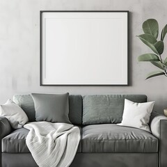 A mockup of a blank poster frame sitting on top of a sofa, contemporary style living room