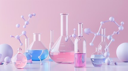 3D render of laboratory glassware with colorful liquid and molecules on a pastel pink background. Concept of science, chemistry, research, and experimentation