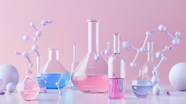 3D render of laboratory glassware with colorful liquid and molecules on a pastel pink background. Concept of science, chemistry, research, and experimentation