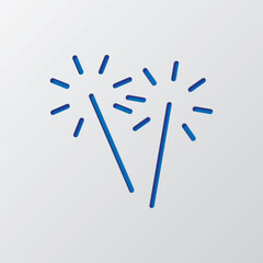 Sparkler, bengal fire logo simple icon vector. Flat design. Paper cut design. Cutted blue symbol with shadow. Gray background