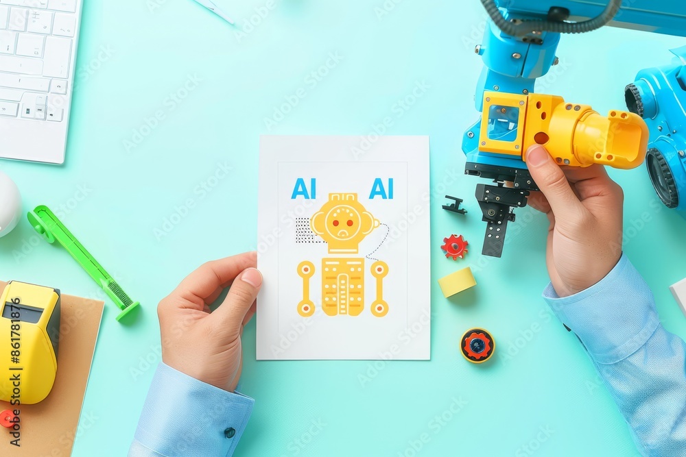 Poster hands holding ai educational tools representing artificial intelligence and learning technology