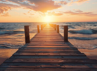 Obraz premium beautiful sunset at the wooden jetty at the beach
