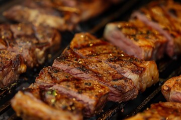 Juicy grilled steaks in close-up