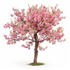A peach tree with soft, pink blossoms and fuzzy fruit isolated on a white background