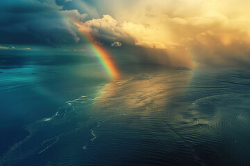 Obraz premium Generative ai on theme of beautiful tranquil landscape with magical bright rainbow at cloudy sky