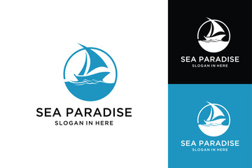 Sail Boat Ship Vessel and sea wave vector logo design