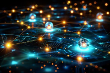 Fototapeta premium Glowing AI network nodes on dark background representing artificial intelligence and data connectivity