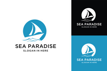 Sail Boat Ship Vessel and sea wave vector logo design