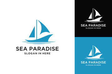 Sailling Boat Ship Vessel and sea wave vector logo design