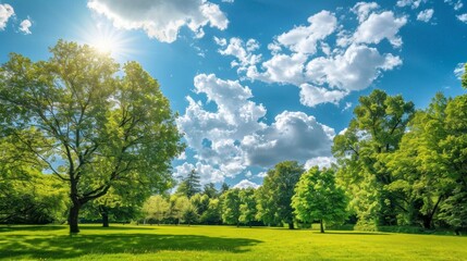 Obraz premium beautiful park with wooded area and a blue sky with clouds